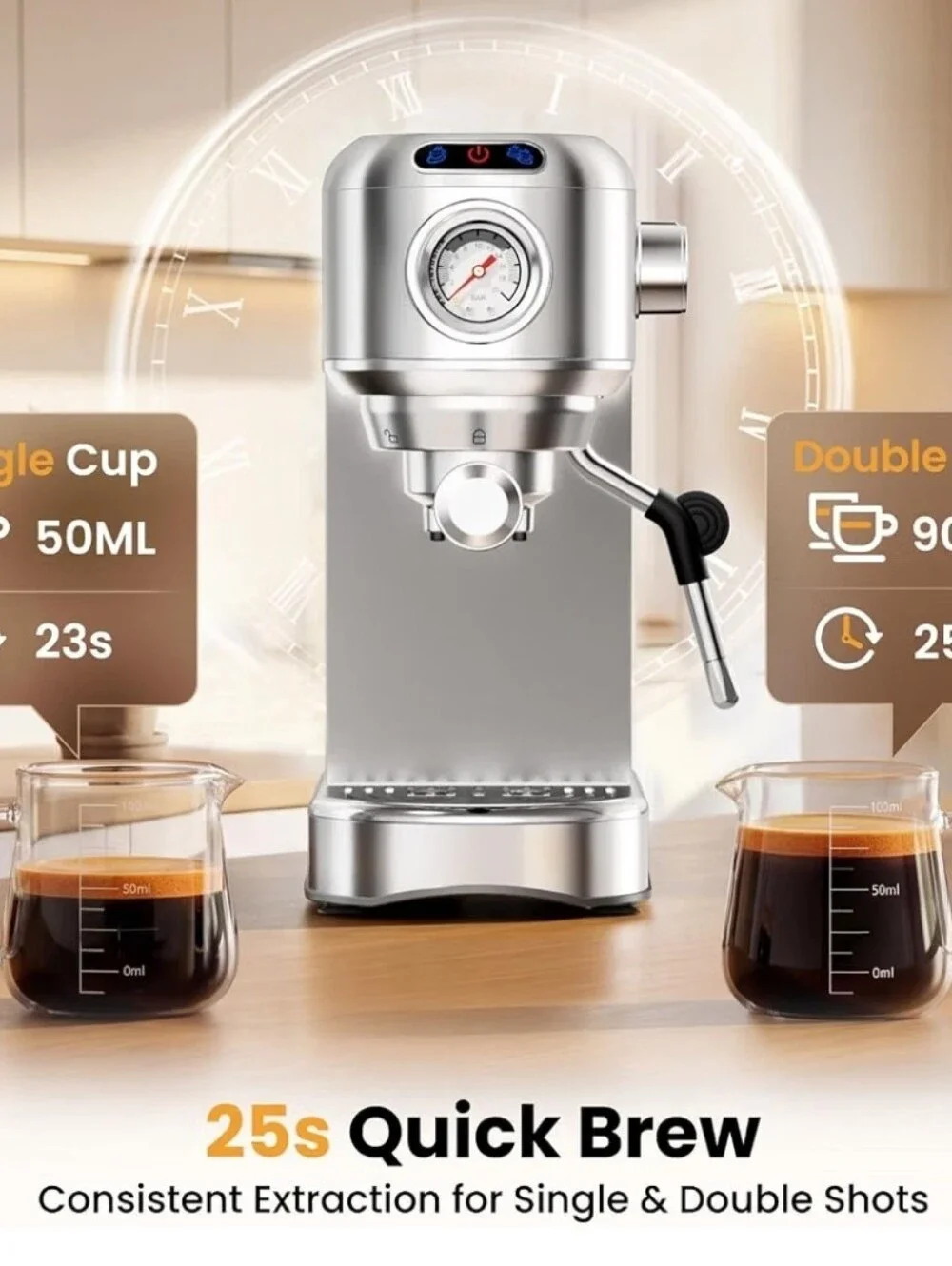 Stainless Steel Espresso Machine with Steam Wand - Silver